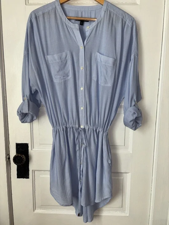 BANANA REPUBLIC BUTTON FRONT COLLARLESS SHIRT DRESS - Picture 4 of 7